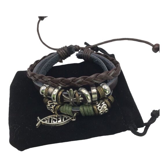 Jesus ICHTHUS Fish Charm Leather Adjustable Bracelet Set Boho Stack 6.5–7.5 in - Picture 12 of 15